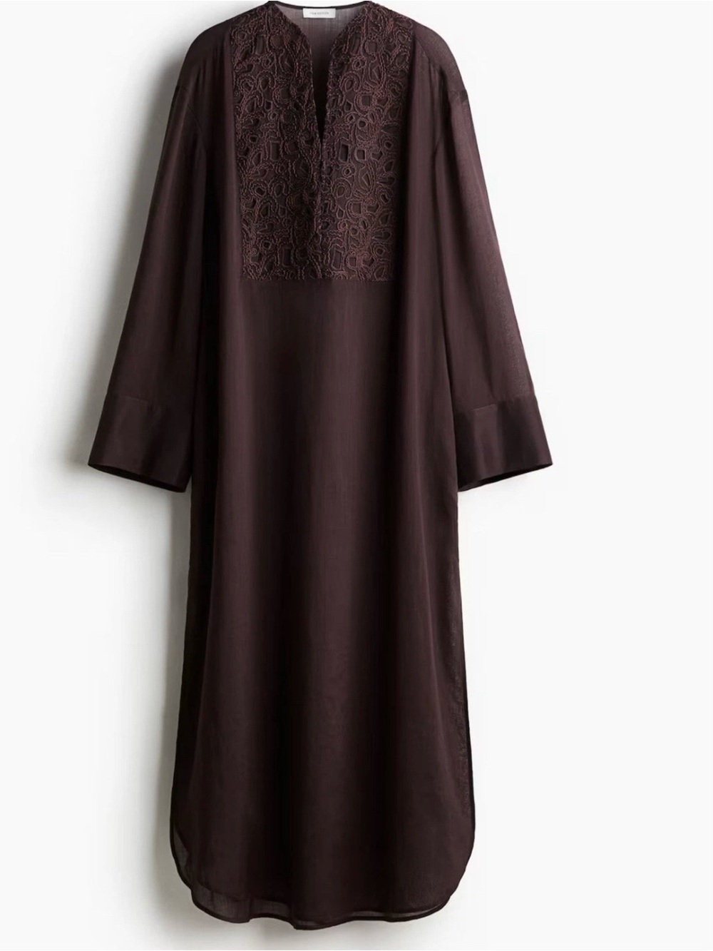 H&M EDITION Ramie Kaftan Dress Dark Brown Embroidered NWT